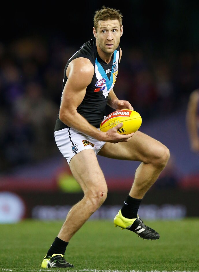 AFL 2015 Rd 19 - Western Bulldogs v Port Adelaide MELBOURNE, AUSTRALIA - AUGUST 8: Jay Schulz of the Power in action during the 2015 AFL round 19 match between the Western Bulldogs and Port Adelaide Power at Etihad Stadium, Melbourne, Australia on August 8, 2015. (Photo by Michael Willson/AFL Media)